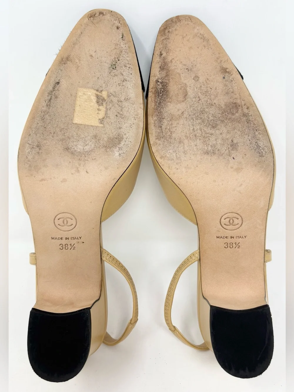 Chanel Two-Tone Goatskin & Grosgrain CC Slingback Pumps Beige Black 38.5